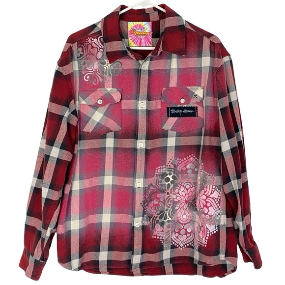 Britney Spears Flannel Shirt Unisex Large Red Plaid Button Down Handmade Upcycle - Picture 2 of 13